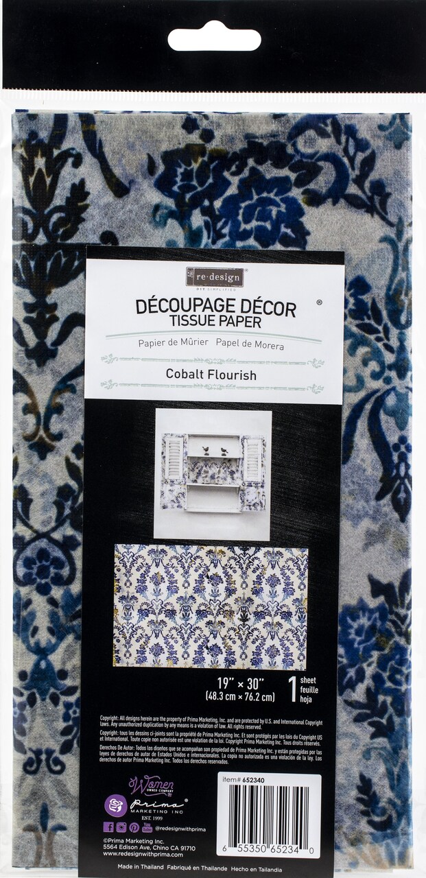 Prima Re-Design Decoupage Decor Tissue Paper 19"X30"-Cobalt Flourish